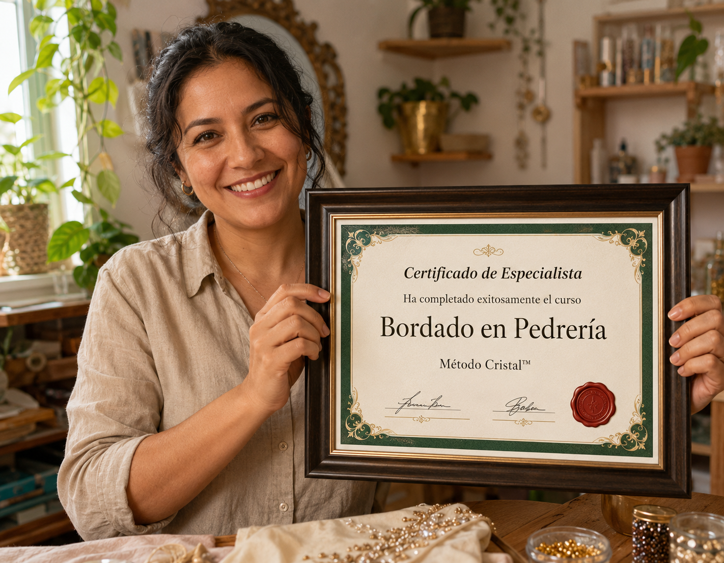 Alumna mostrando su Certificado de Especialista en Bordado en Pedrería